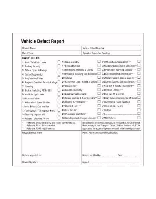 HGV and Bus Defect Report Book Pad - FORS APPROVED
