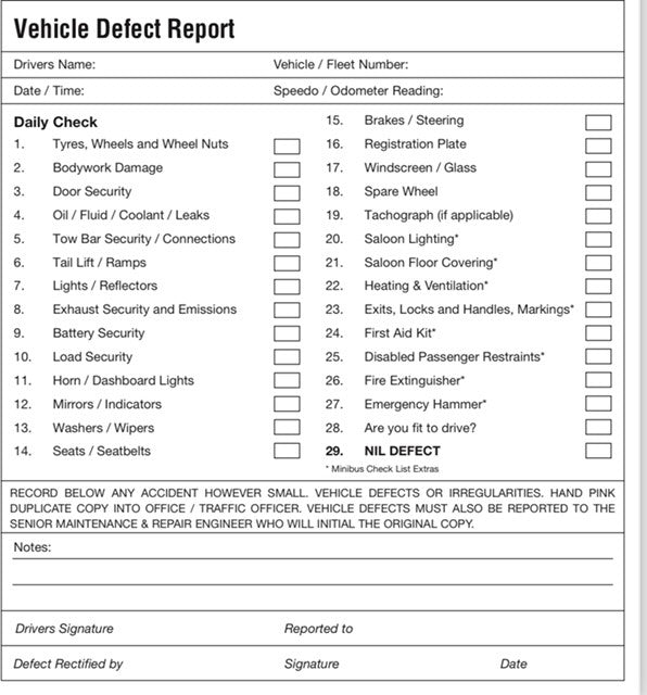 Van Drivers Daily Defect Book