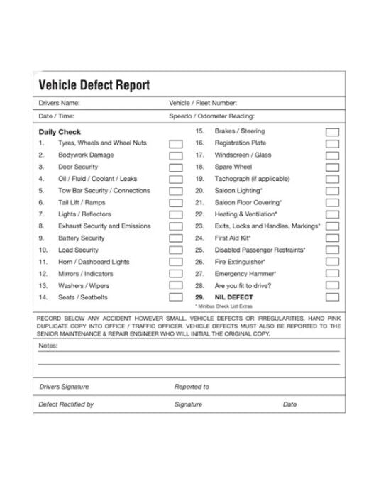 Van Drivers Daily Defect Book - 50-Page Duplicate Log
