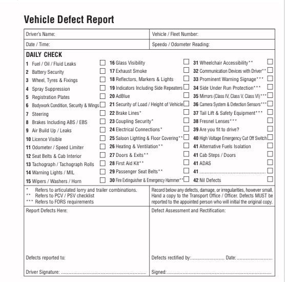 HGV and Bus Defect Report Book Pad FORS APPROVED
